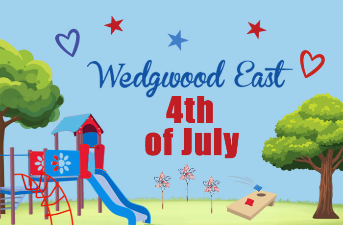 Wedgwood East 4th of July event graphic with playground and patriotic decorations.