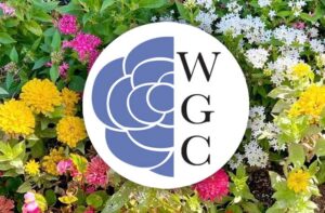 Wedgwood Garden Club logo displayed over a colorful flower garden background
