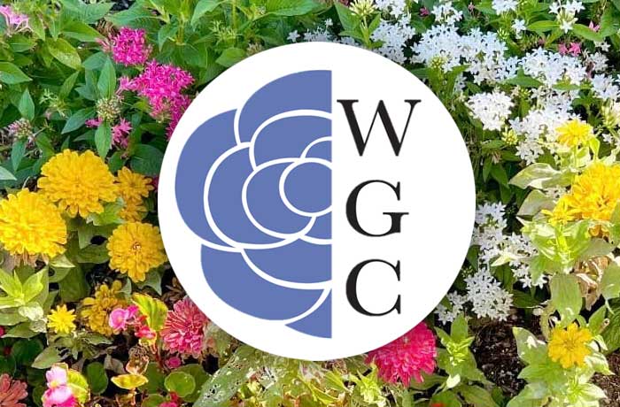 Wedgwood Garden Club logo displayed over a colorful flower garden background